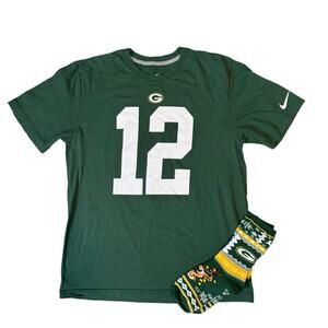 Nike Green Bay Packers Aaron Rodgers T Shirt NFL #12 thick GB socks adult Large